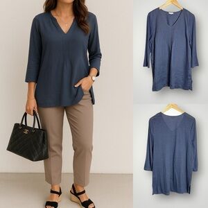 J Jill Love Linen Pullover Size Large V Neck Side Slits 3/4 Sleeve Pintuck